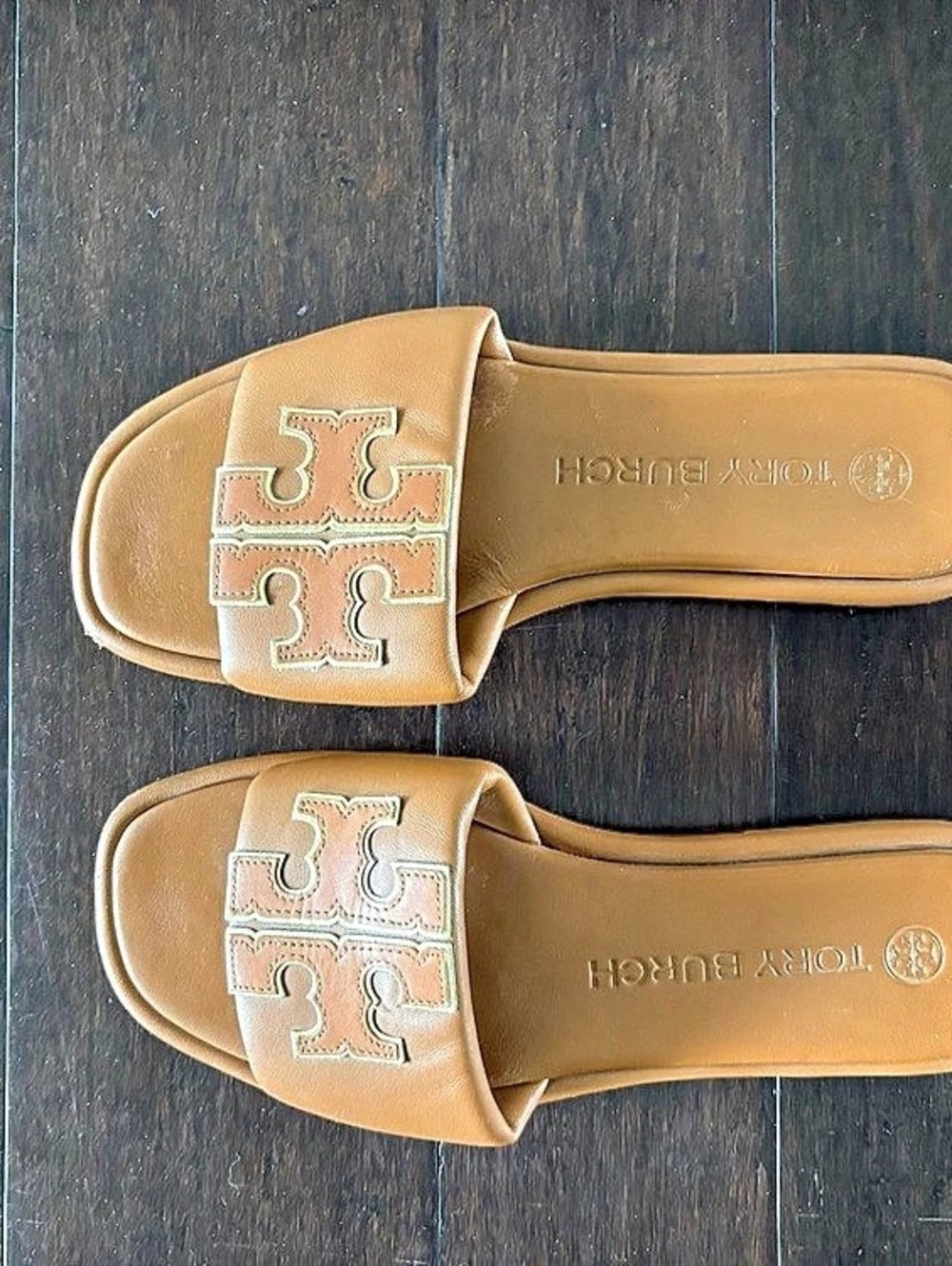 Tory Burch Double T Sport Slide Leather Sandals in Brown